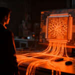 Un ingeniero analizando el rendimiento de procesadores AMD Ryzen AI, representando la era de las Agentic PCs y la potencia de la IA local.