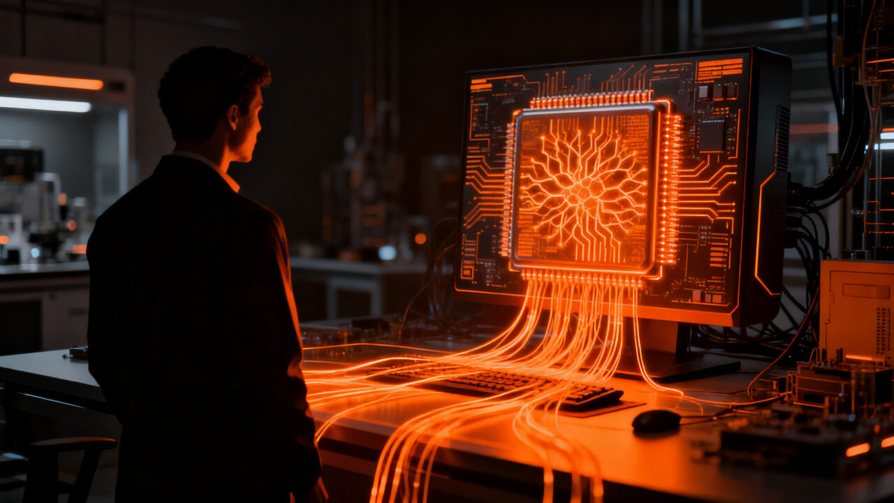 Un ingeniero analizando el rendimiento de procesadores AMD Ryzen AI, representando la era de las Agentic PCs y la potencia de la IA local.