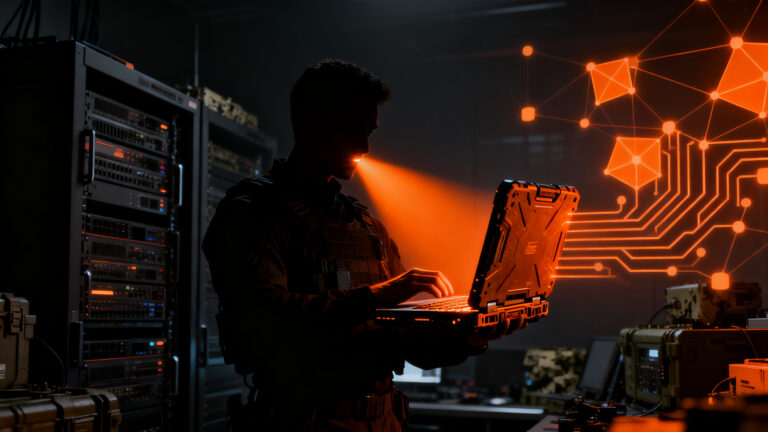 Laptop militar BlueChip de Anduril y Qualcomm, representando la soberanía tecnológica y hardware de defensa avanzado.