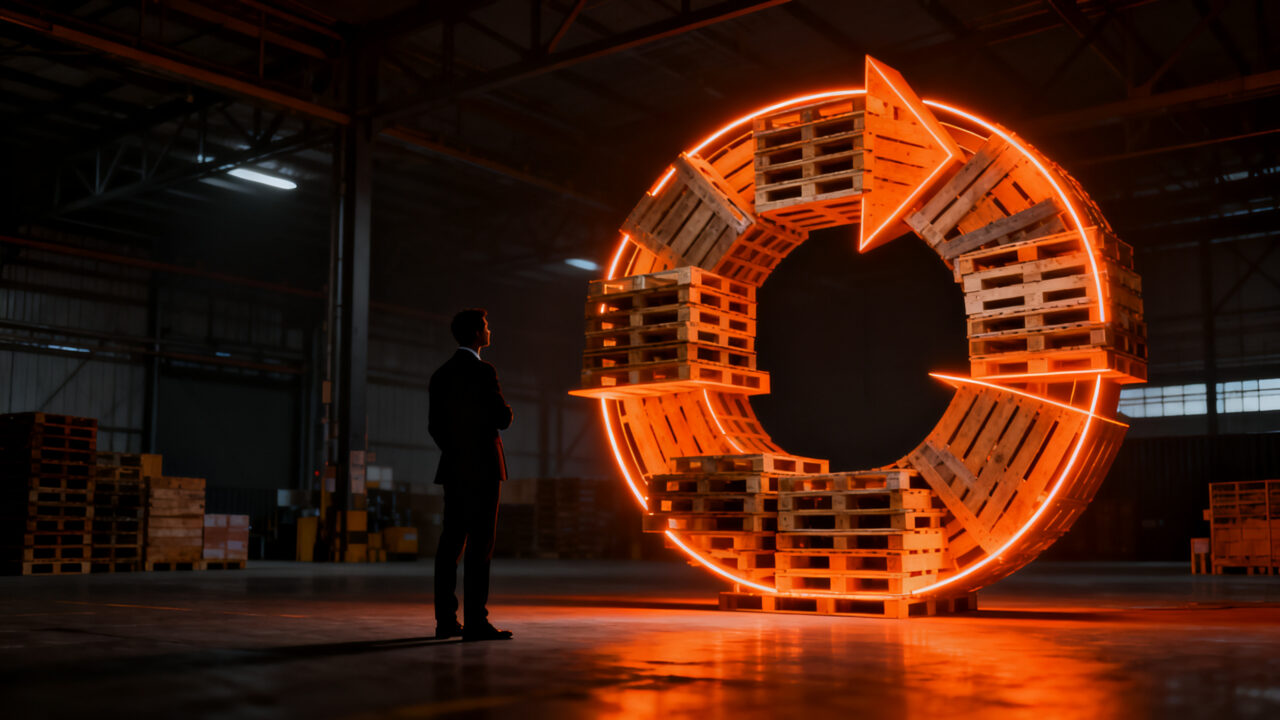 Empresario en almacén logístico analizando palets de madera, representando la economía circular y la normativa RAP de envases.
