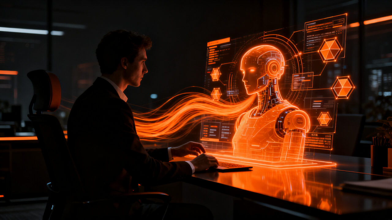 Asistente humano trabajando junto a una red neuronal de IA, representando el futuro del trabajo y la automatización en el sector tecnológico.