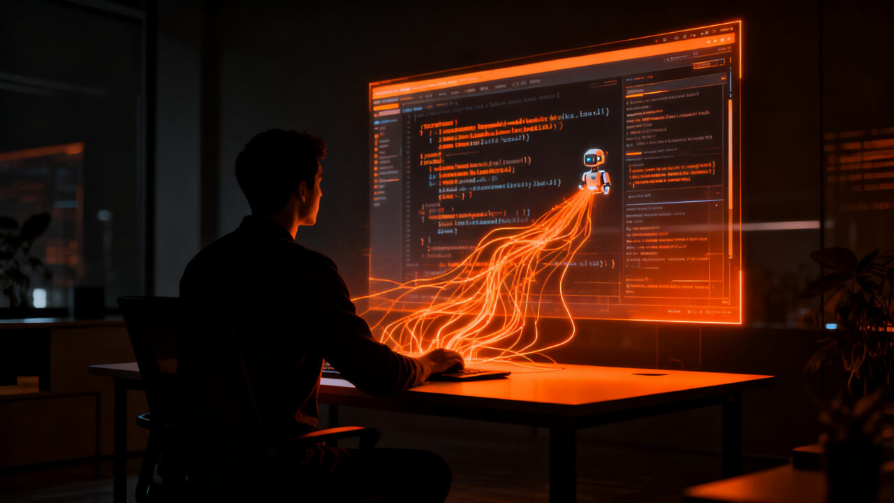 Ingeniero de software colaborando con agentes de IA de Claude Code para una revisión de código automatizada y continua.