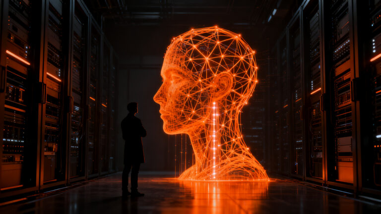 Representación conceptual de la seguridad de la IA y el bienestar de los modelos, con un humano interactuando con una red neuronal de Anthropic Claude.