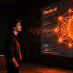 Fundador de startup interactuando con interfaz de inteligencia artificial Claude de Anthropic para impulsar su negocio.