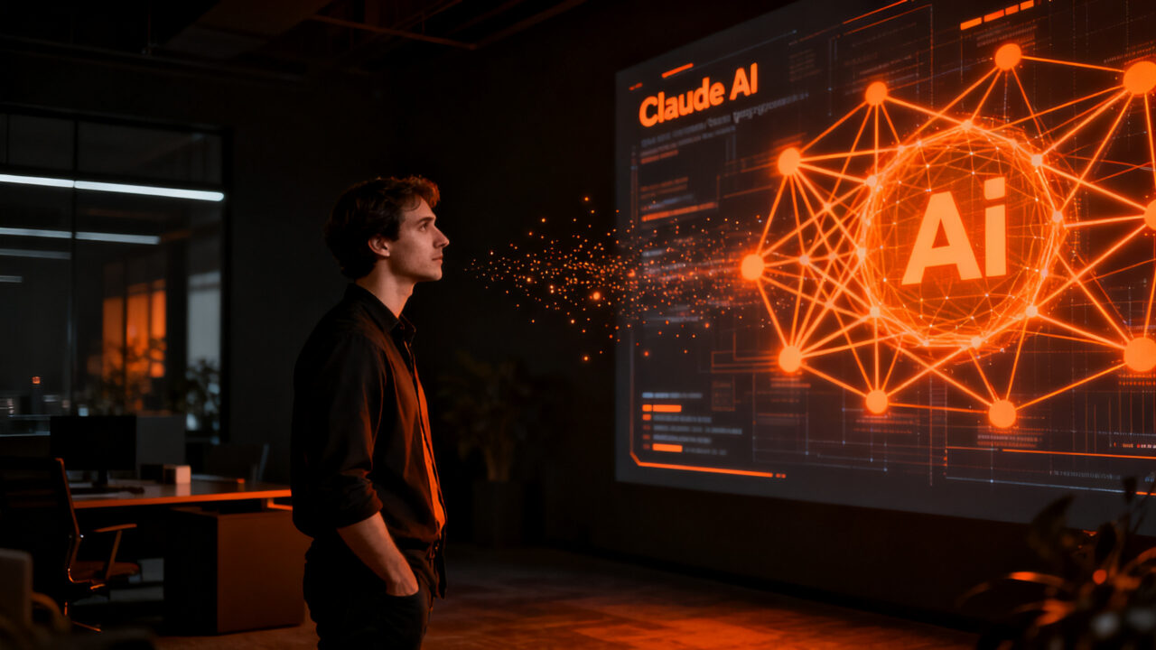 Fundador de startup interactuando con interfaz de inteligencia artificial Claude de Anthropic para impulsar su negocio.