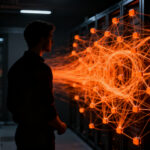Representación conceptual de ciberseguridad en IoT: silueta de experto analizando una red de dispositivos infectados por gusanos de IA.