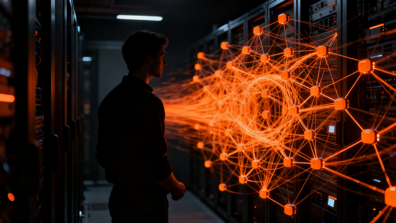 Representación conceptual de ciberseguridad en IoT: silueta de experto analizando una red de dispositivos infectados por gusanos de IA.