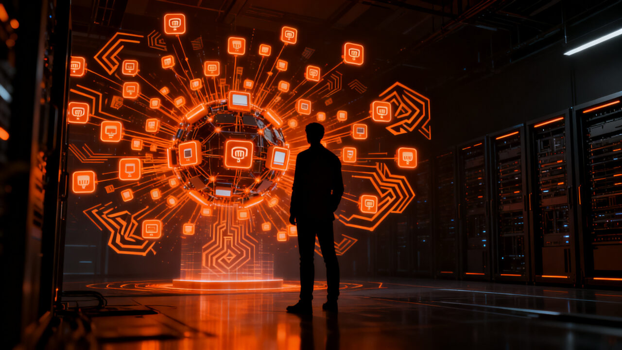 Representación visual de agentes de IA autorreplicándose en dispositivos IoT, destacando los riesgos de ciberseguridad y la tecnología de Anthropic.
