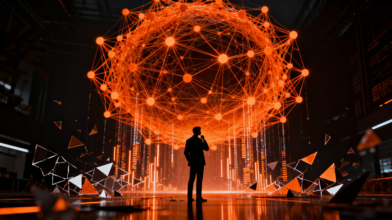 Silueta de un ejecutivo frente a una red compleja de inteligencia artificial, simbolizando los riesgos y desafíos de la salida a bolsa de Anthropic.