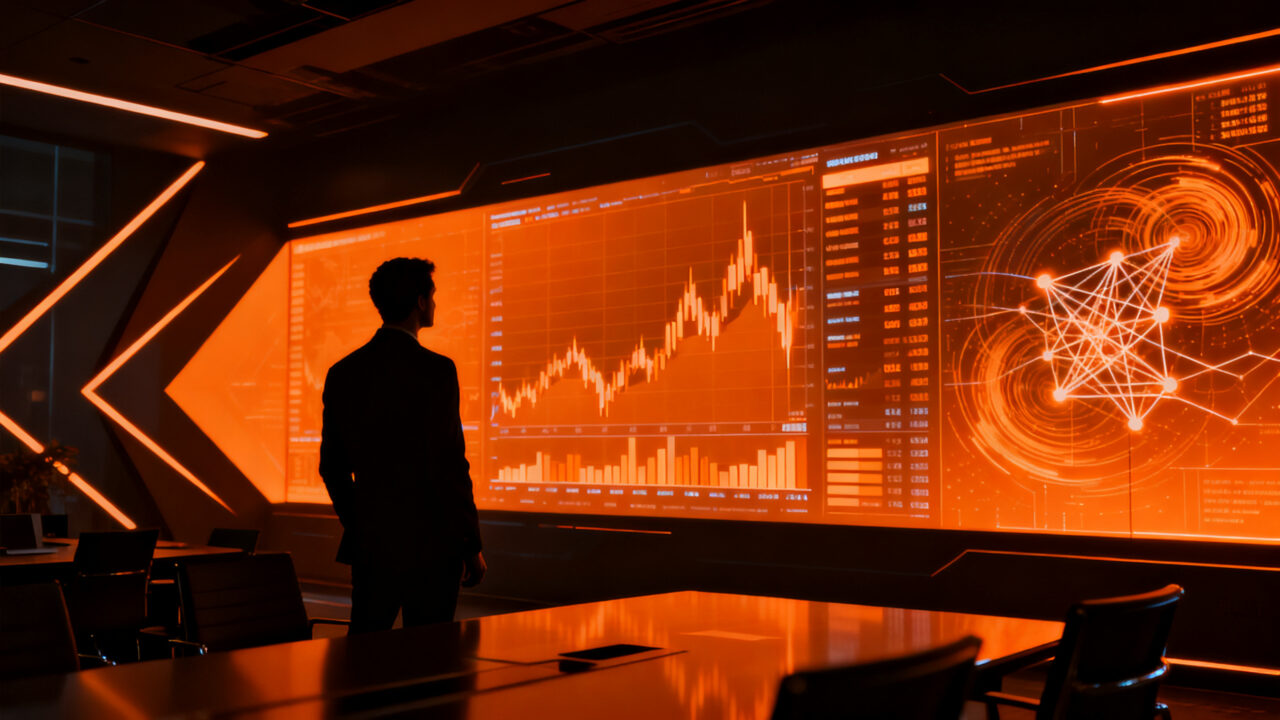 Analista financiero frente a proyecciones de mercado, representando la competencia en la valoración de la IPO de Anthropic.