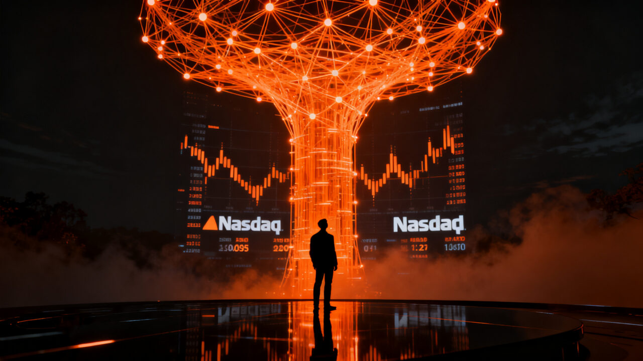 Salida a bolsa de Anthropic en Nasdaq, representando la inversión en inteligencia artificial y el crecimiento financiero de startups tecnológicas.