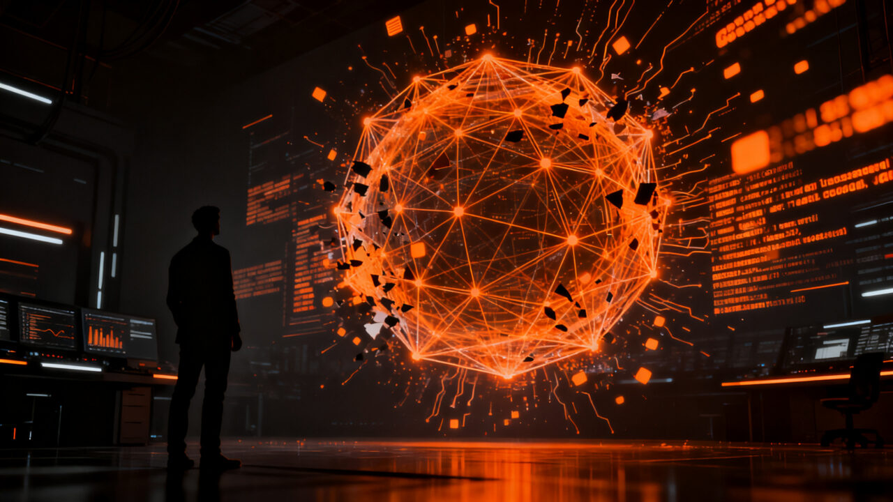 Riesgos de la IA: silueta humana frente a una interfaz de red neuronal que representa la alucinación de datos y la seguridad en modelos como Claude.