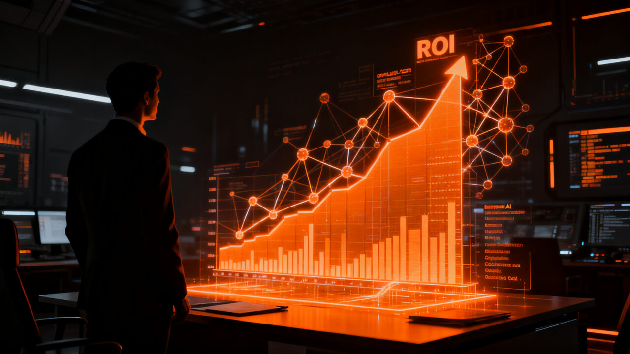 Ejecutivo analizando métricas de ROI en IA con paneles de datos proyectados en un entorno corporativo oscuro.