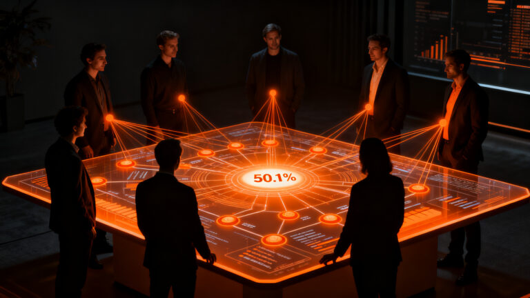 Siete cofundadores de Anthropic analizando datos estratégicos en una sala de mando futurista, representando el control accionarial y la IPO de inteligencia artificial.