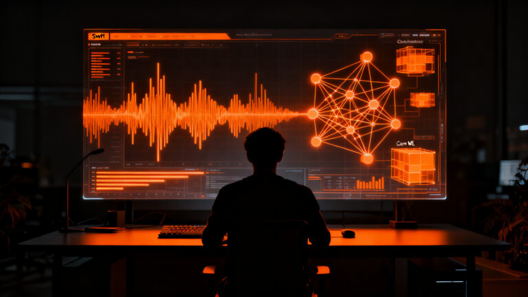 Desarrollador integrando modelos de reconocimiento de voz IA en dispositivos Apple mediante Swift y Core ML.