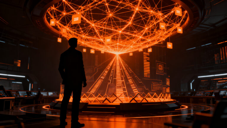 Agente de IA de Apate.ai combatiendo fraudes cibernéticos en una red digital, concepto de ciberseguridad avanzada.