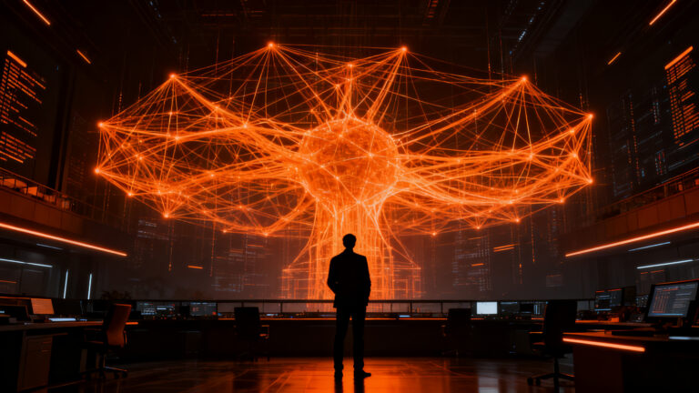 Silueta de un estratega observando una red neuronal en expansión, simbolizando el imparable avance de la Inteligencia Artificial y los desafíos de gobernanza.