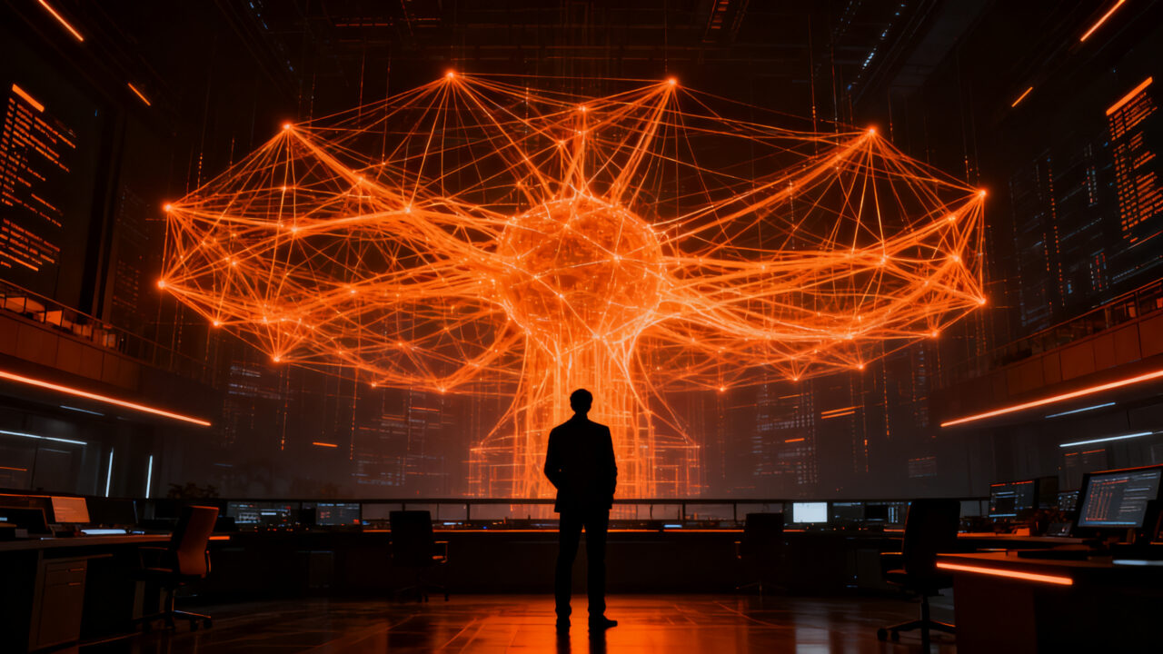 Silueta de un estratega observando una red neuronal en expansión, simbolizando el imparable avance de la Inteligencia Artificial y los desafíos de gobernanza.