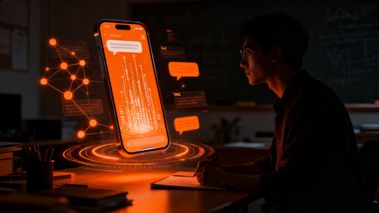 Docente utilizando inteligencia artificial para automatizar la comunicación escolar por WhatsApp en una startup edtech.