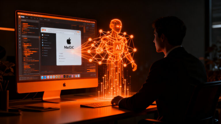 Agente de IA protegiendo un sistema operativo macOS frente a una vulnerabilidad de seguridad digital.