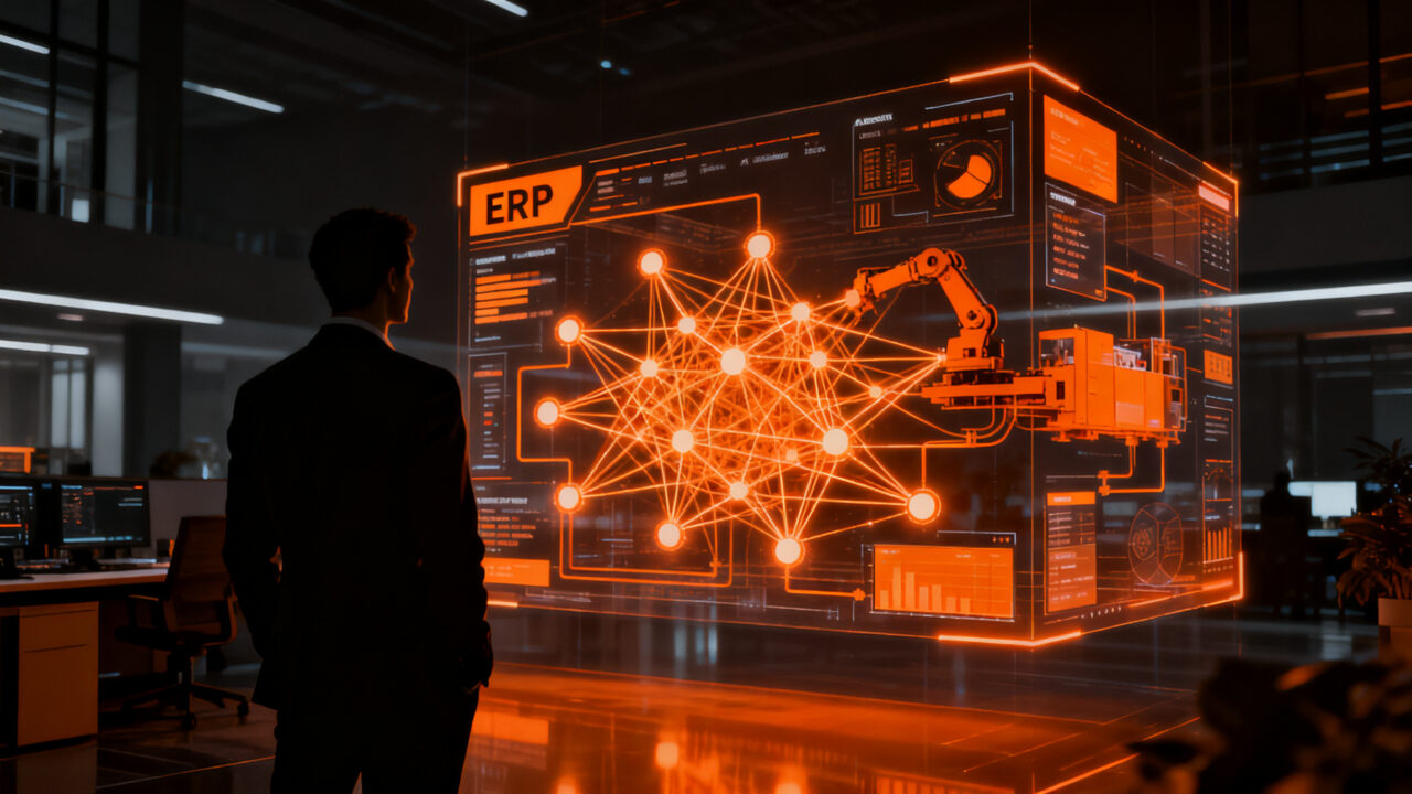 Representación visual de un ERP agéntico con IA y automatización empresarial para la gestión operativa.