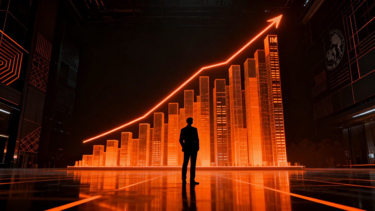 Gráfico financiero de barras ascendentes en tonos naranja y negro representando el superávit fiscal de Argentina y el cumplimiento de metas económicas.