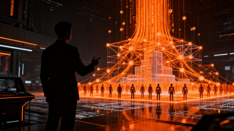Arquitecto de TI liderando la integración de agentes de IA en la fuerza de trabajo digital del futuro.