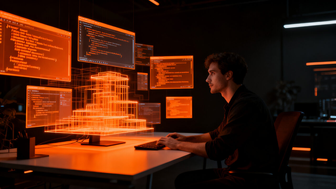 Ingeniero frente a una interfaz de código abierto generada por IA, representando la disrupción del modelo SaaS y el vibe coding.