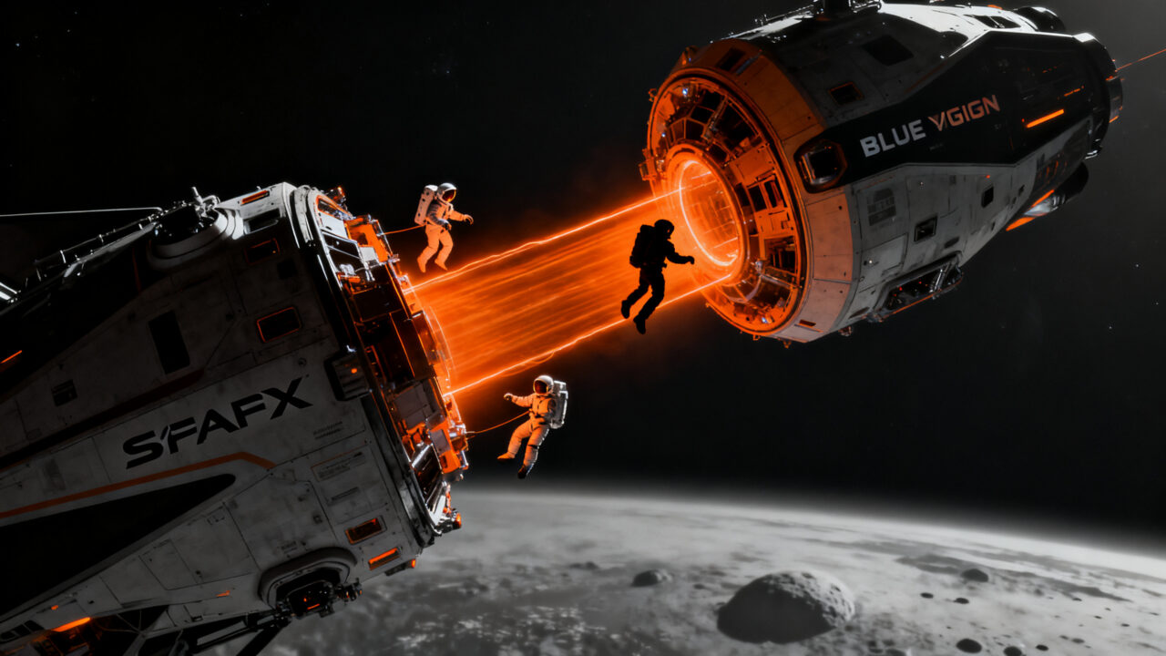 Astronautas en una misión de la NASA Artemis III probando el acoplamiento de módulos lunares de SpaceX y Blue Origin en el espacio.