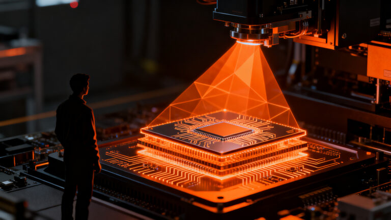 Proceso de fotolitografía ultravioleta extrema de ASML para la fabricación de chips de inteligencia artificial.