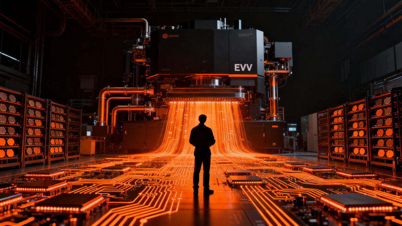 Ingeniero observando la producción de chips de alta tecnología para IA en una planta de litografía EUV, simbolizando la alta demanda.