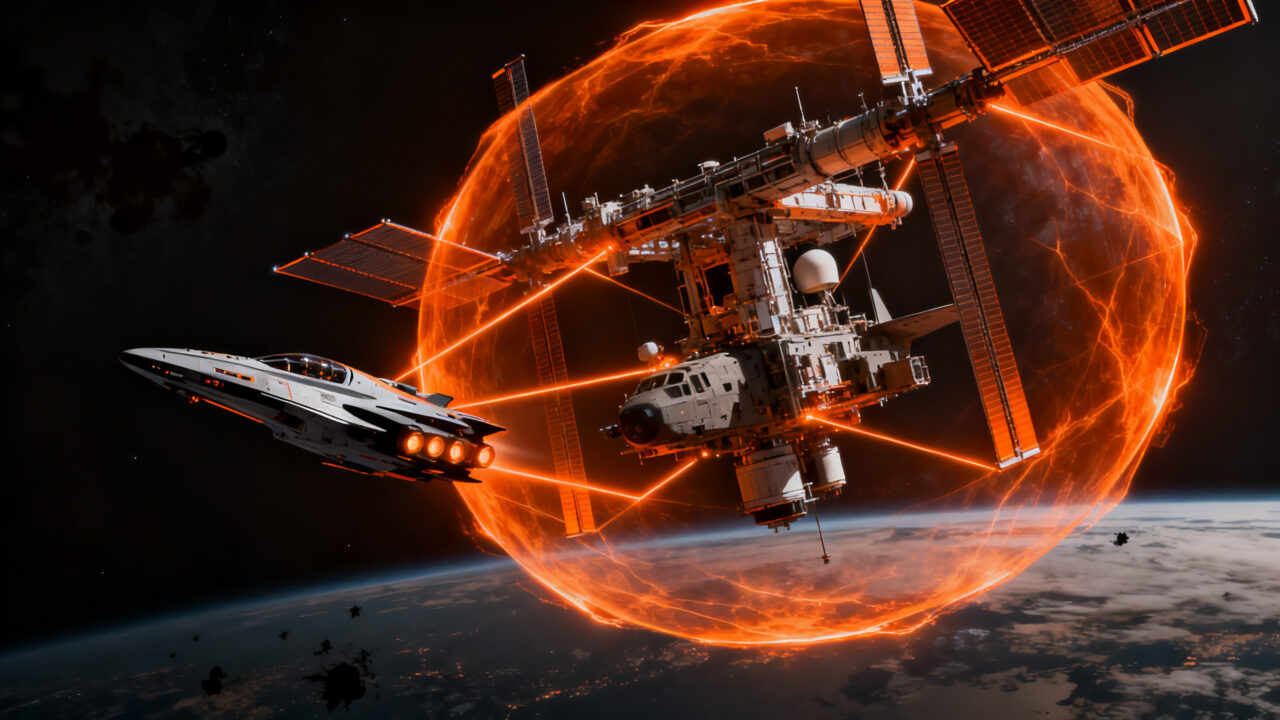 Nave escolta de Astroscale protegiendo un satélite militar en órbita frente a amenazas externas.
