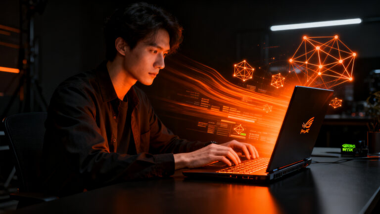 Profesional creativo trabajando con portátiles Asus ProArt y tecnología NVIDIA RTX Spark para IA local de alto rendimiento.