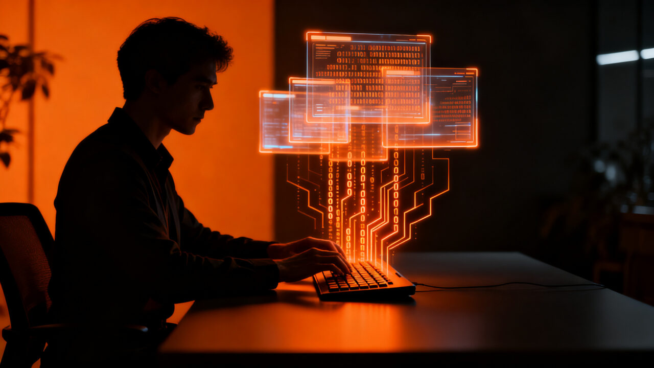 Emprendedor optimizando su flujo de trabajo con atajos de teclado Windows para aumentar la productividad en su startup.