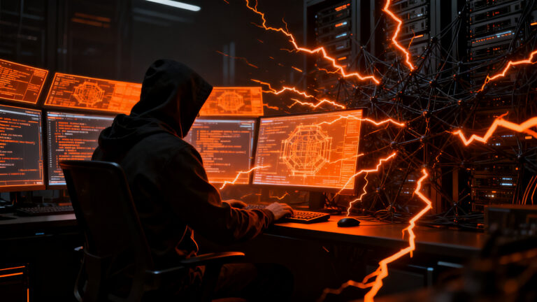 Ciberseguridad y agentes de IA: visualización de un ataque automatizado sobre infraestructura digital.