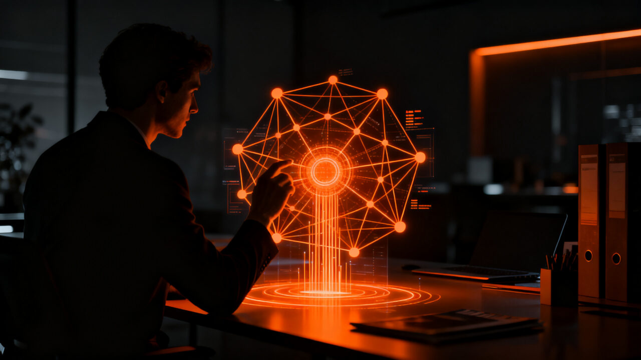 Agente de IA interactuando con flujos de datos en un entorno empresarial, representando la automatización y productividad de la startup Atendium.