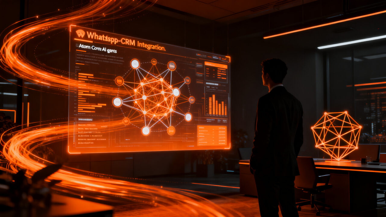 Agente de IA Cortex de Atom automatizando ventas y CRM a través de WhatsApp en un entorno empresarial futurista.