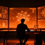 Un solopreneur trabajando solo frente a una red compleja de datos, representando el auge de los fundadores únicos en el ecosistema startup español.