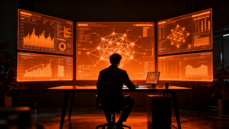 Un solopreneur trabajando solo frente a una red compleja de datos, representando el auge de los fundadores únicos en el ecosistema startup español.
