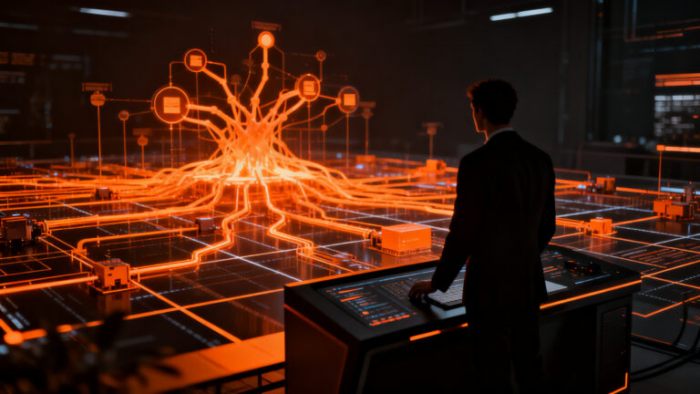 Un experto humano supervisando una red de agentes de IA, representando la automatización selectiva en procesos de negocio con AuraQuantic.