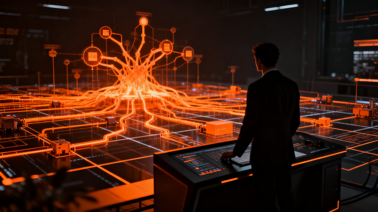 Un experto humano supervisando una red de agentes de IA, representando la automatización selectiva en procesos de negocio con AuraQuantic.
