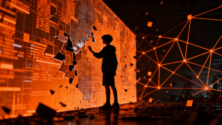 Silueta de un adolescente interactuando con un muro digital bloqueado, representando el desafío de la regulación de redes sociales en Australia.