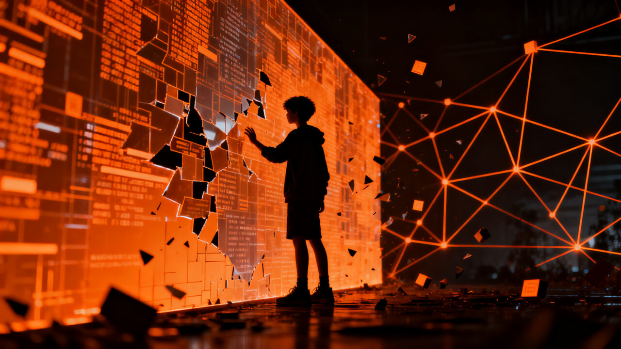 Silueta de un adolescente interactuando con un muro digital bloqueado, representando el desafío de la regulación de redes sociales en Australia.