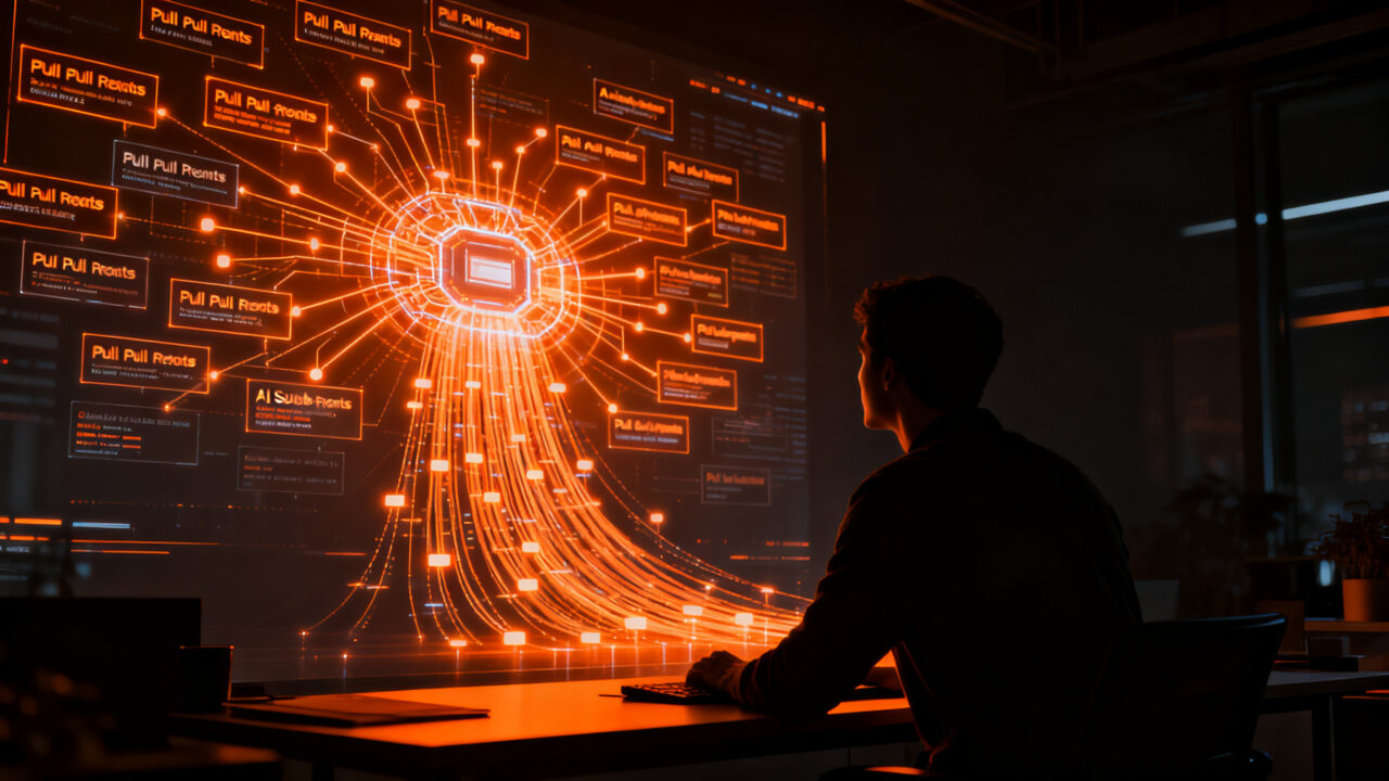 Ingeniero de software utilizando agentes de IA para la automatización de pull requests en un workflow de desarrollo moderno.