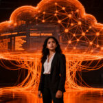 Mujer latinoamericana interactuando con una red neuronal de IA, representando el programa AWS Entrena Latinas para cerrar la brecha de género tech.