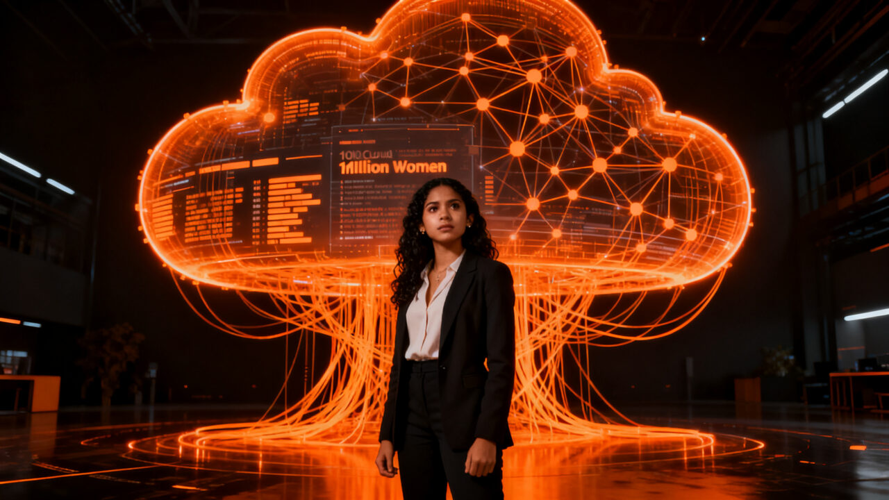 Mujer latinoamericana interactuando con una red neuronal de IA, representando el programa AWS Entrena Latinas para cerrar la brecha de género tech.