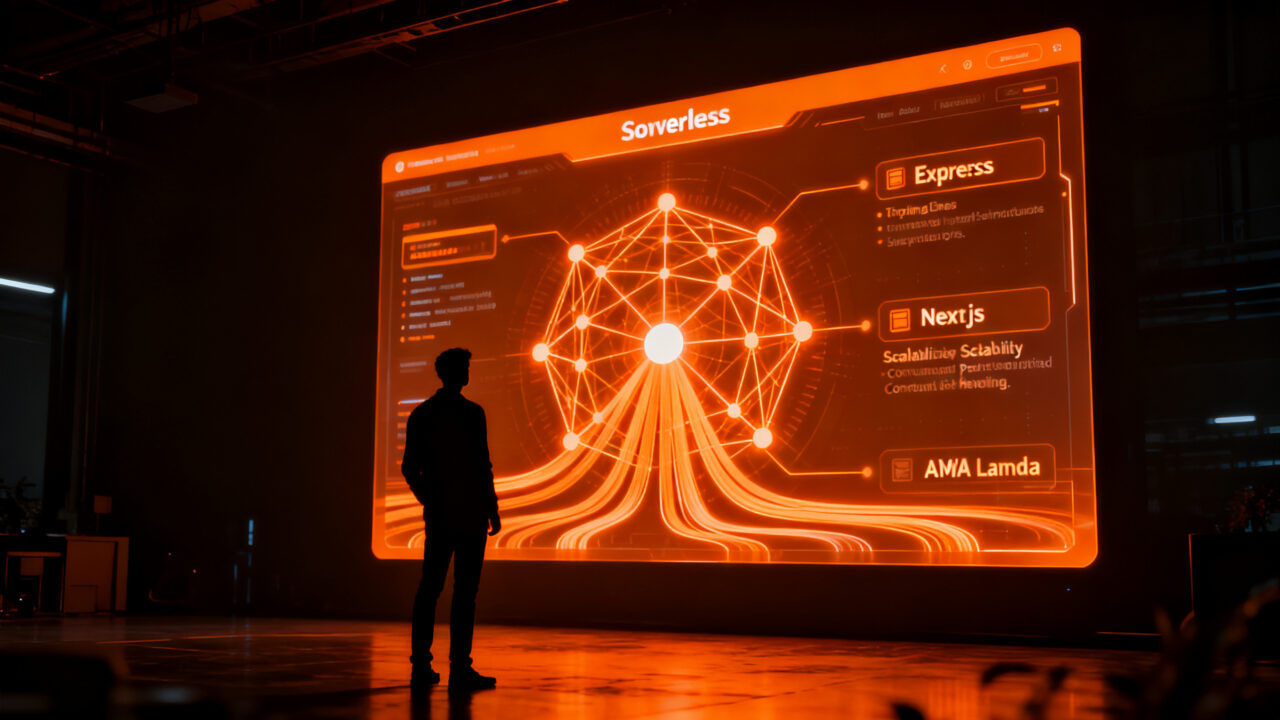 Arquitectura serverless de AWS Lambda Web Functions ejecutando aplicaciones Node.js y frameworks modernos como Express.