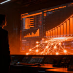 Un estratega bancario analizando flujos de datos y ventas digitales impulsados por agentes de IA en el sector financiero de LATAM.