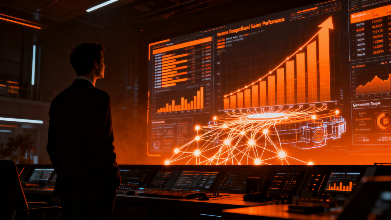 Un estratega bancario analizando flujos de datos y ventas digitales impulsados por agentes de IA en el sector financiero de LATAM.