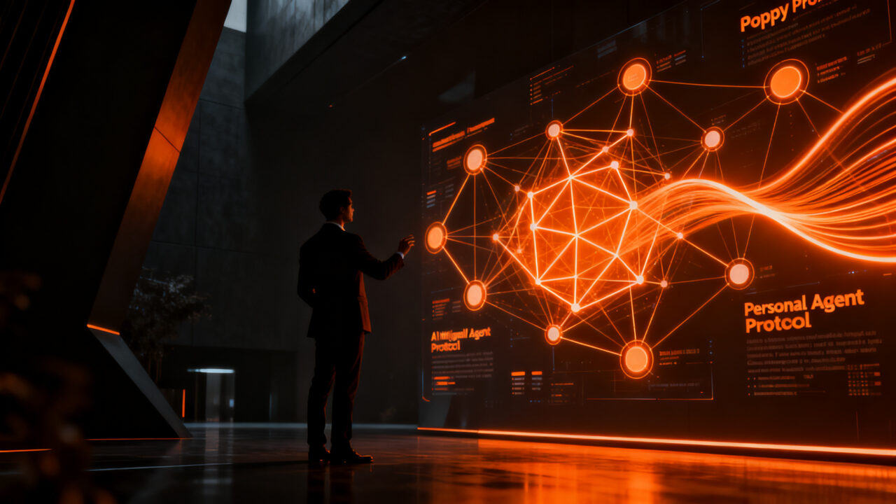 Representación conceptual de la integración de BBVA con el protocolo Poppy de Meta y Sierra AI para agentes de IA seguros.